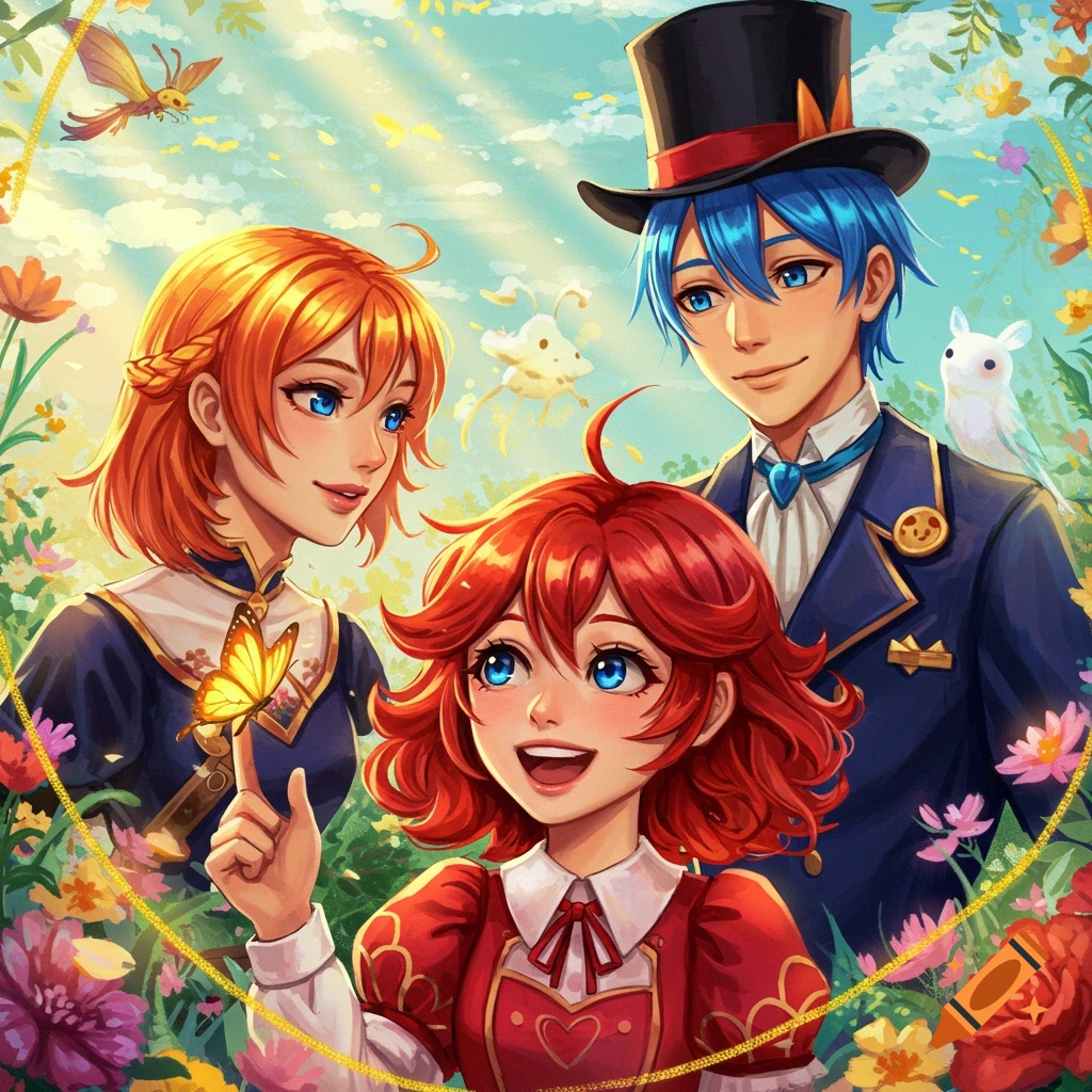 Anime illustration of two adults and a child in a garden with butterflies and flowers.