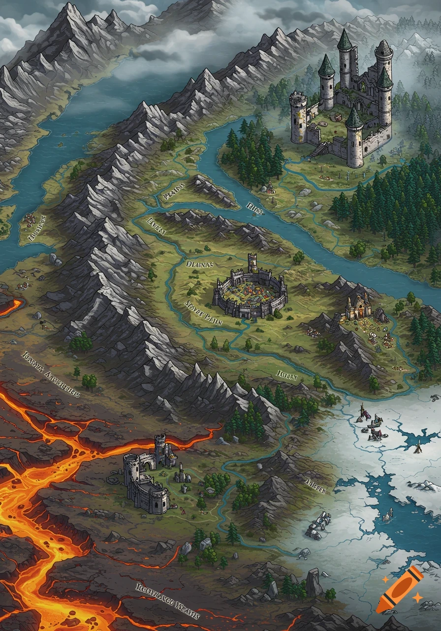 An isometric fantasy map showing diverse terrain including mountains, rivers, plains, forest, tundra, and lava wastes, with castles and villages.