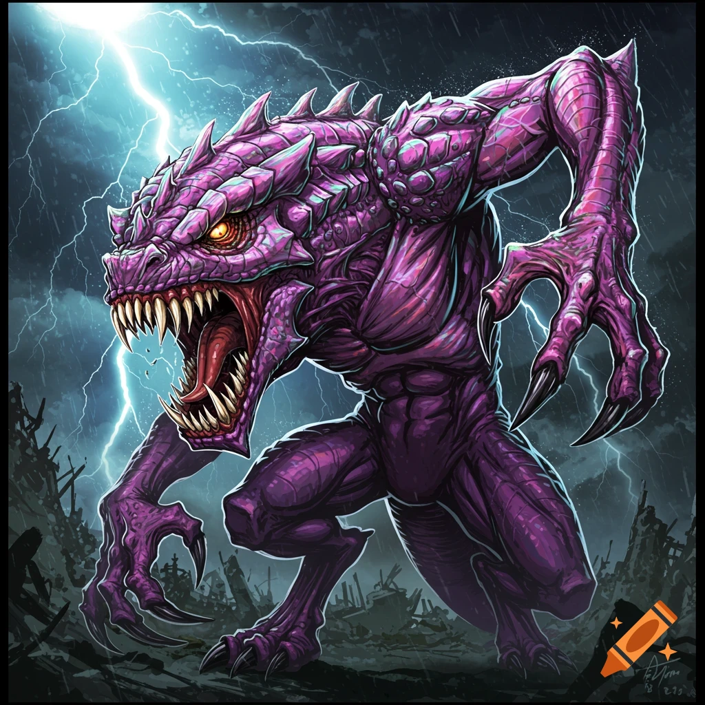 A roaring purple monster with sharp teeth and claws in a lightning storm over a ruined city.