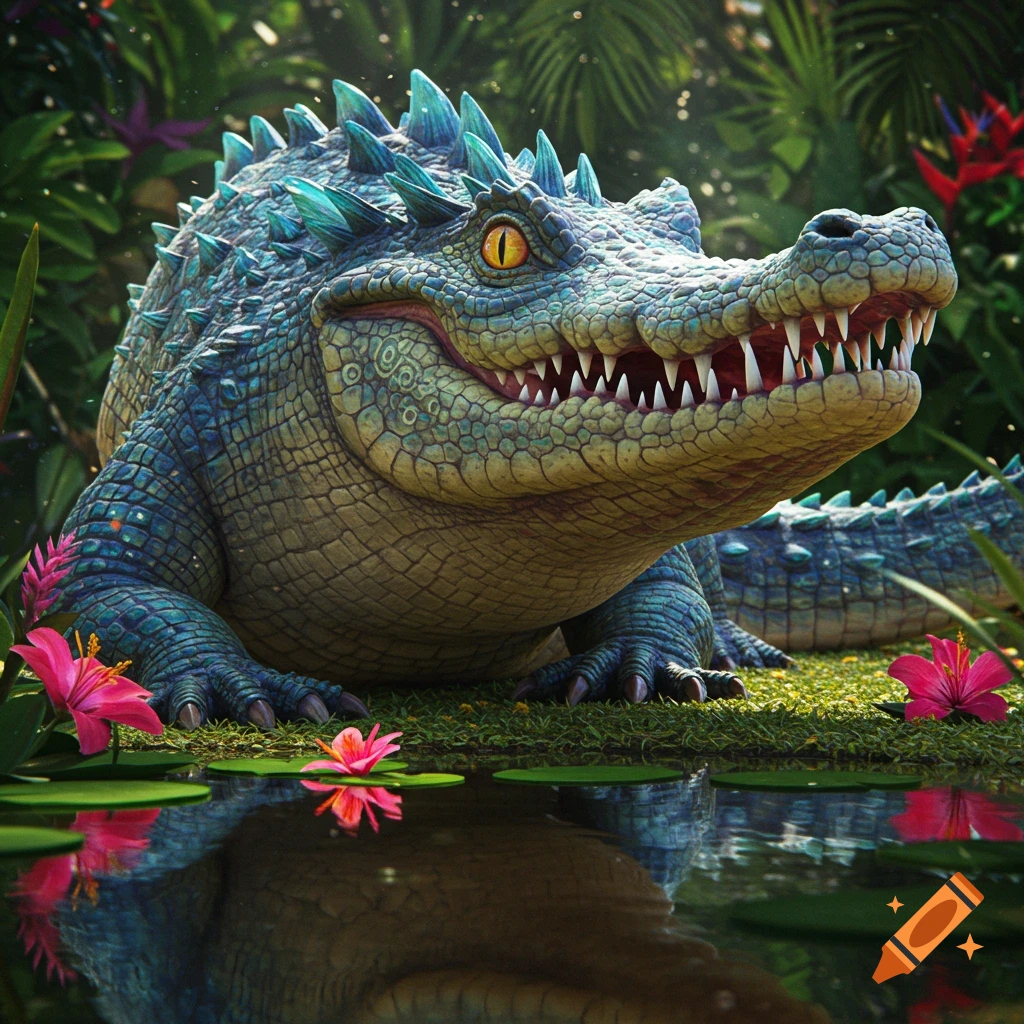 A stylized blue-green crocodile is depicted in a lush jungle environment filled with vibrant flowers and glistening water.