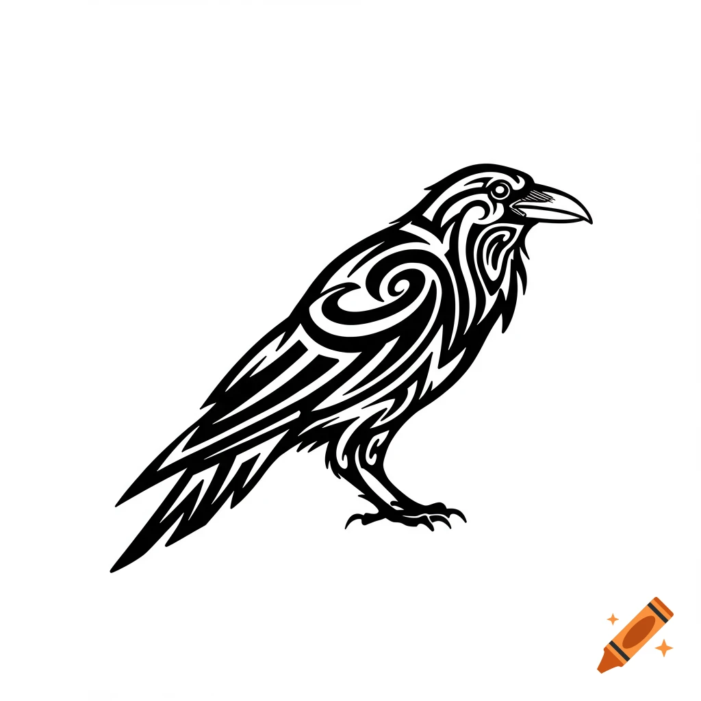 A black and white tribal line art illustration of a raven.