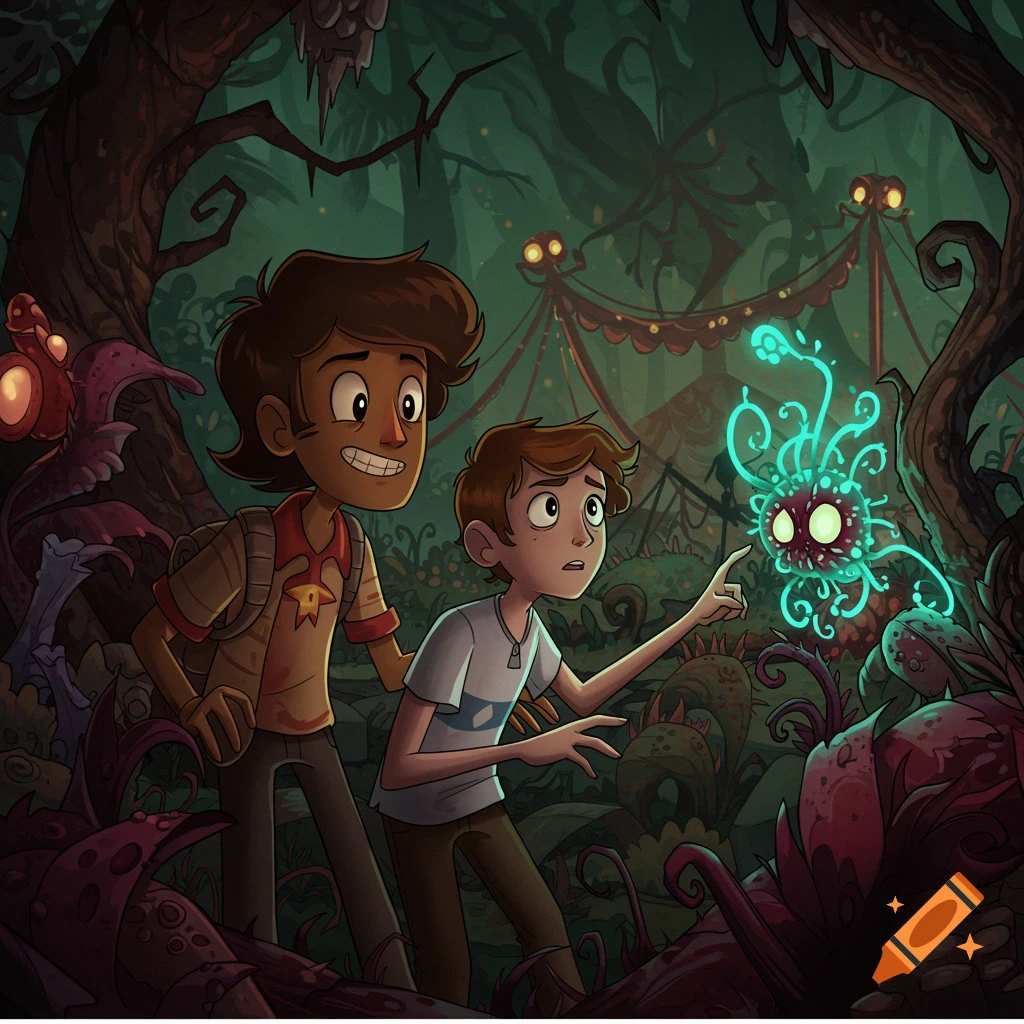 Two cartoon boys look at a glowing creature in a spooky fantasy forest with a carnival tent.