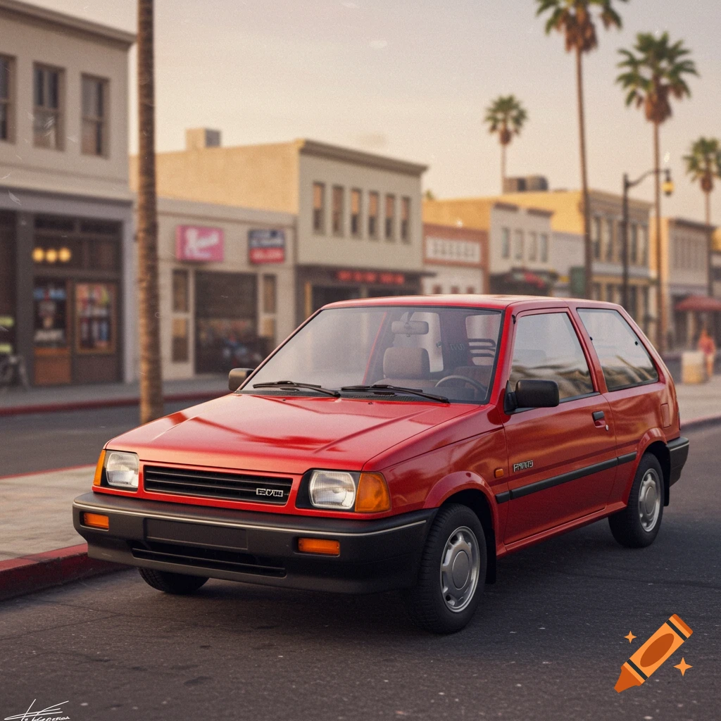 A red 1980s hatchback car parked on a street with palm trees and buildings.