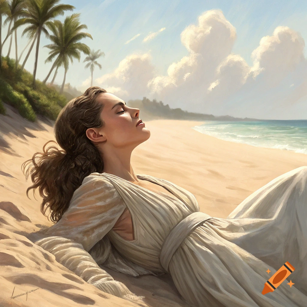 A woman in a dress lies on a sandy beach under palm trees, looking up at the sky.