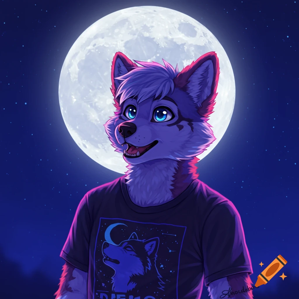 A furry wolf character wearing a shirt with a wolf howling at the moon, standing under a full moon at night.