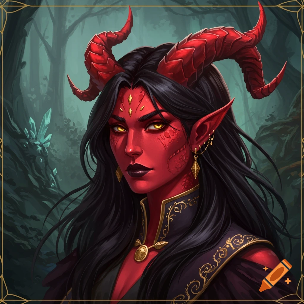 A red-skinned fantasy woman with horns and gold eyes is in a forest.