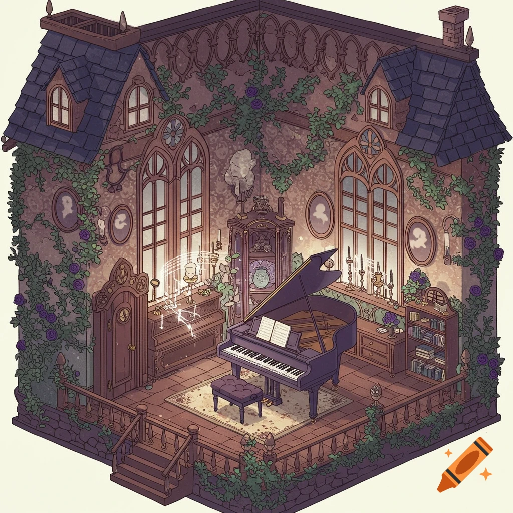 Anime style isometric view of a fantasy room interior with a grand piano and plants.