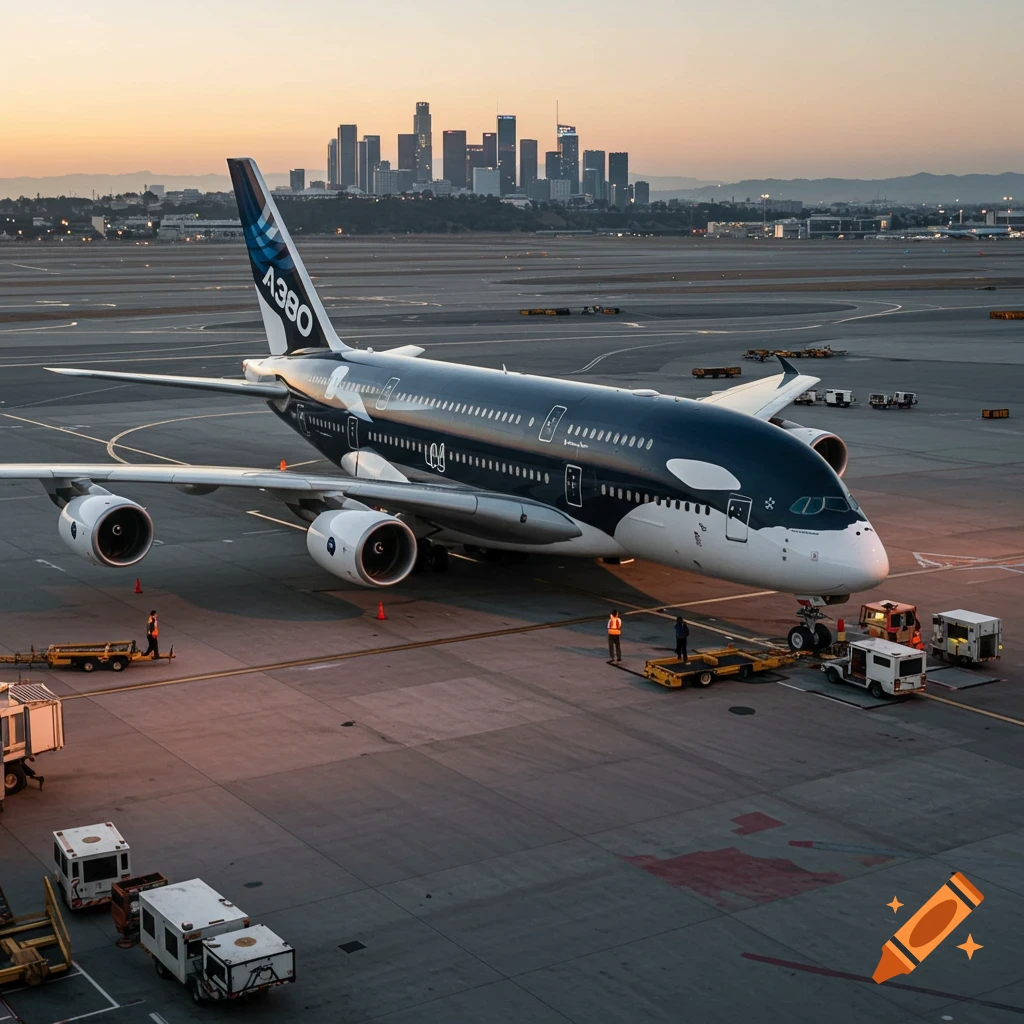 Airbus A380 plane with orca livery parked at an airport tarmac at sunset with a city skyline in the background.