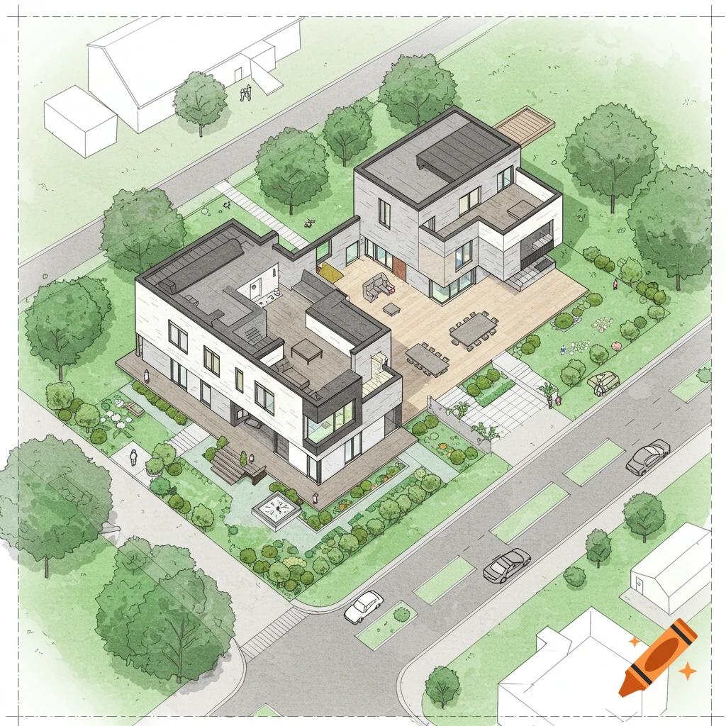 Isometric architectural drawing of two modern buildings, landscaping, street, and cars.