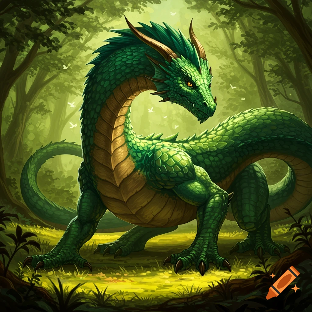 A green dragon on all fours in a sunlit forest.