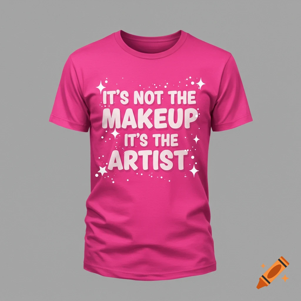 Pink t-shirt with white text saying 'It's not the makeup, it's the artist' and stars