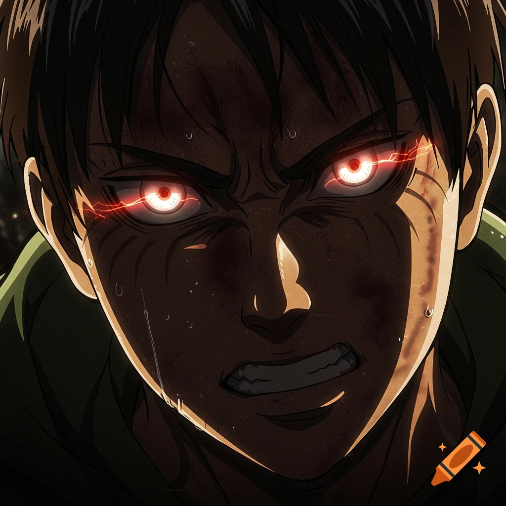 Close-up anime portrait of angry Eren Yeager with glowing red eyes and sweat.