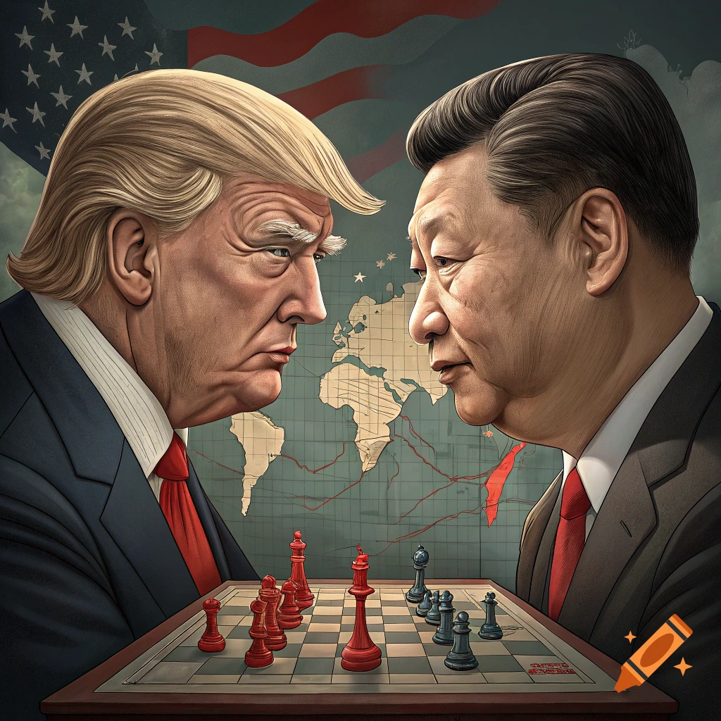 Illustration of Trump and Xi Jinping facing each other across a chessboard with a world map background.