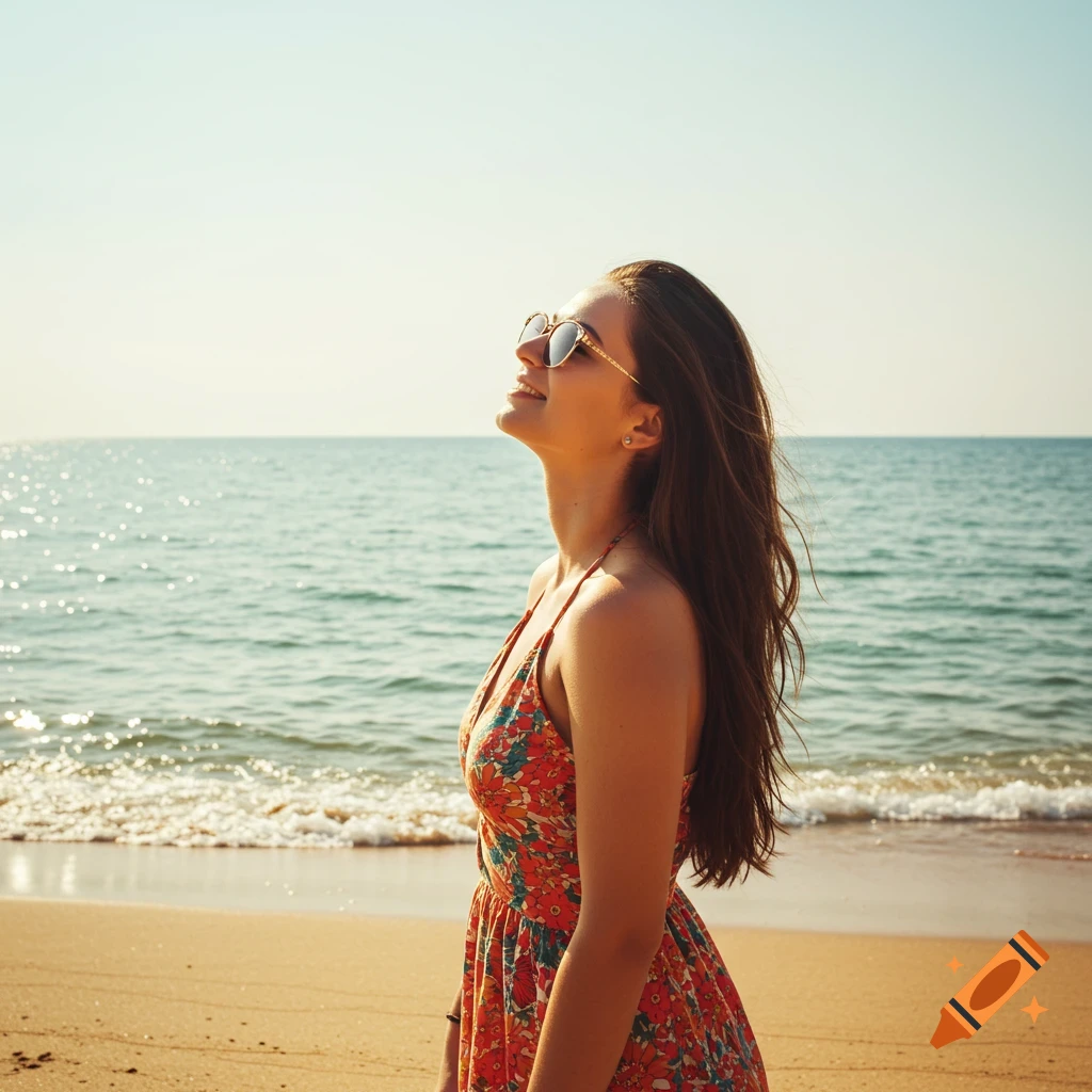 Woman standing on a sunny beach looking up
