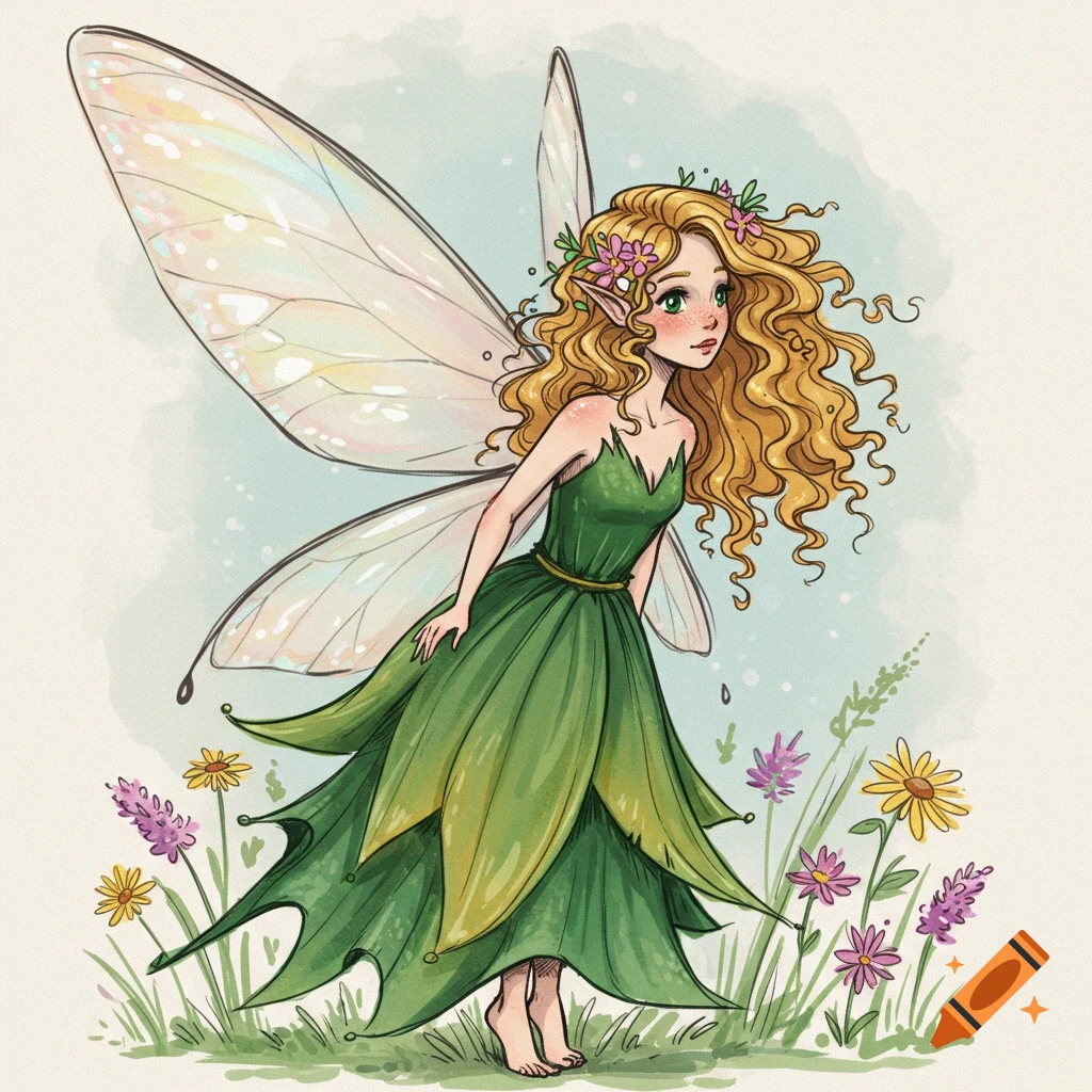 A watercolor sketch of a fairy with large wings and a green dress standing in a field of flowers.