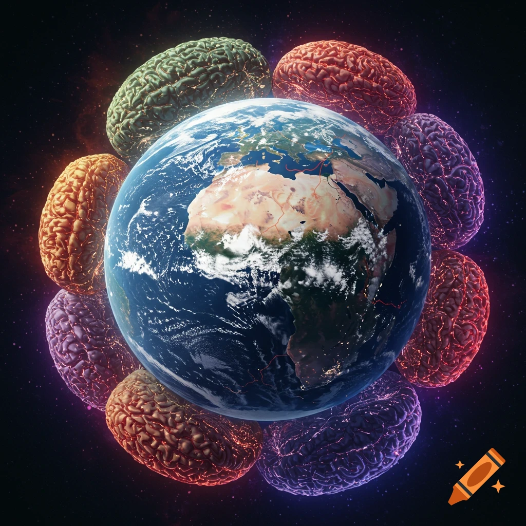 Earth surrounded by glowing brains in space