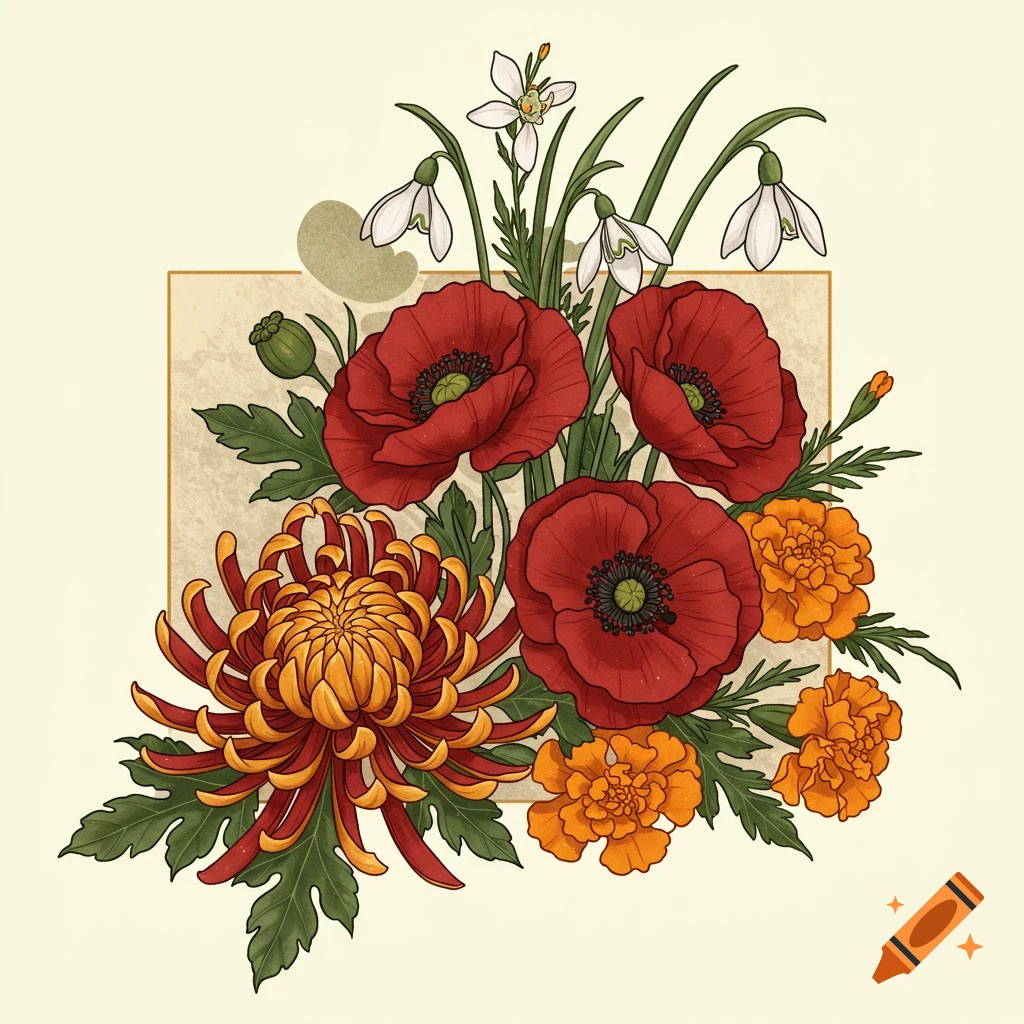 Digital illustration of red poppies, orange marigolds, a yellow chrysanthemum, and white snowdrops arranged in a traditional tattoo art style.