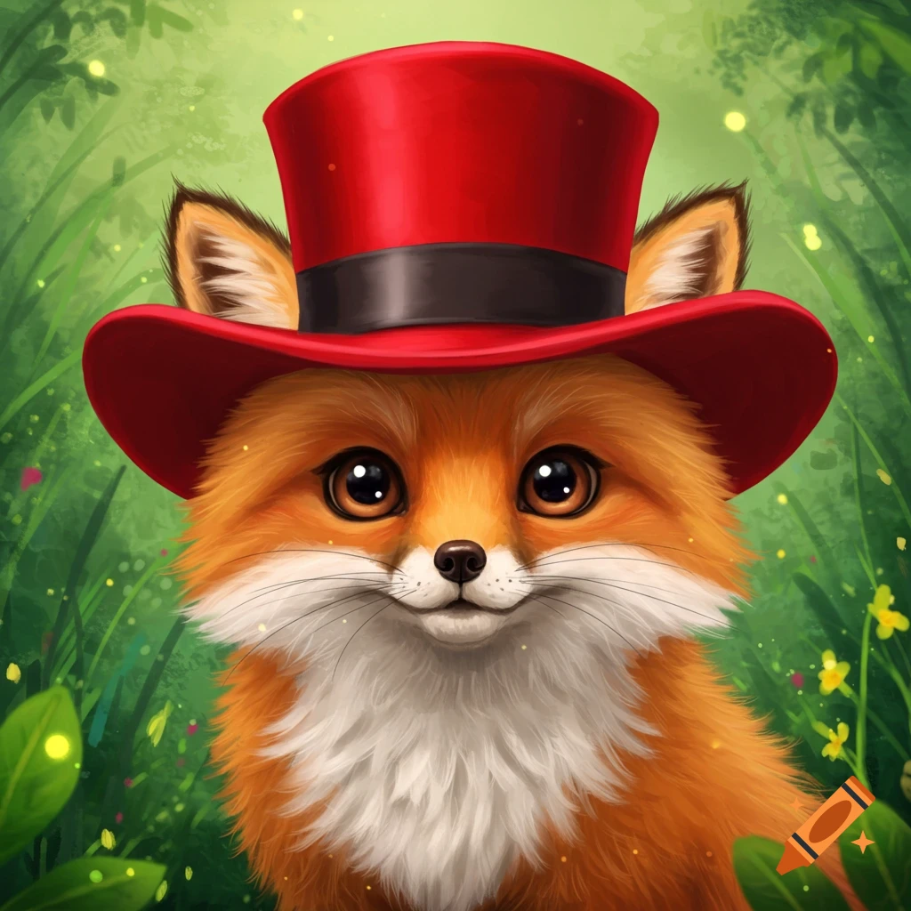 A close-up of a cute fox wearing a red top hat, set against a lush green background with glowing fireflies.