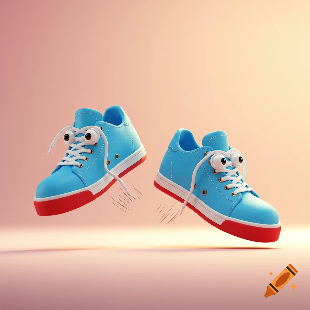 Two blue cartoon sneakers with googly eyes jumping.