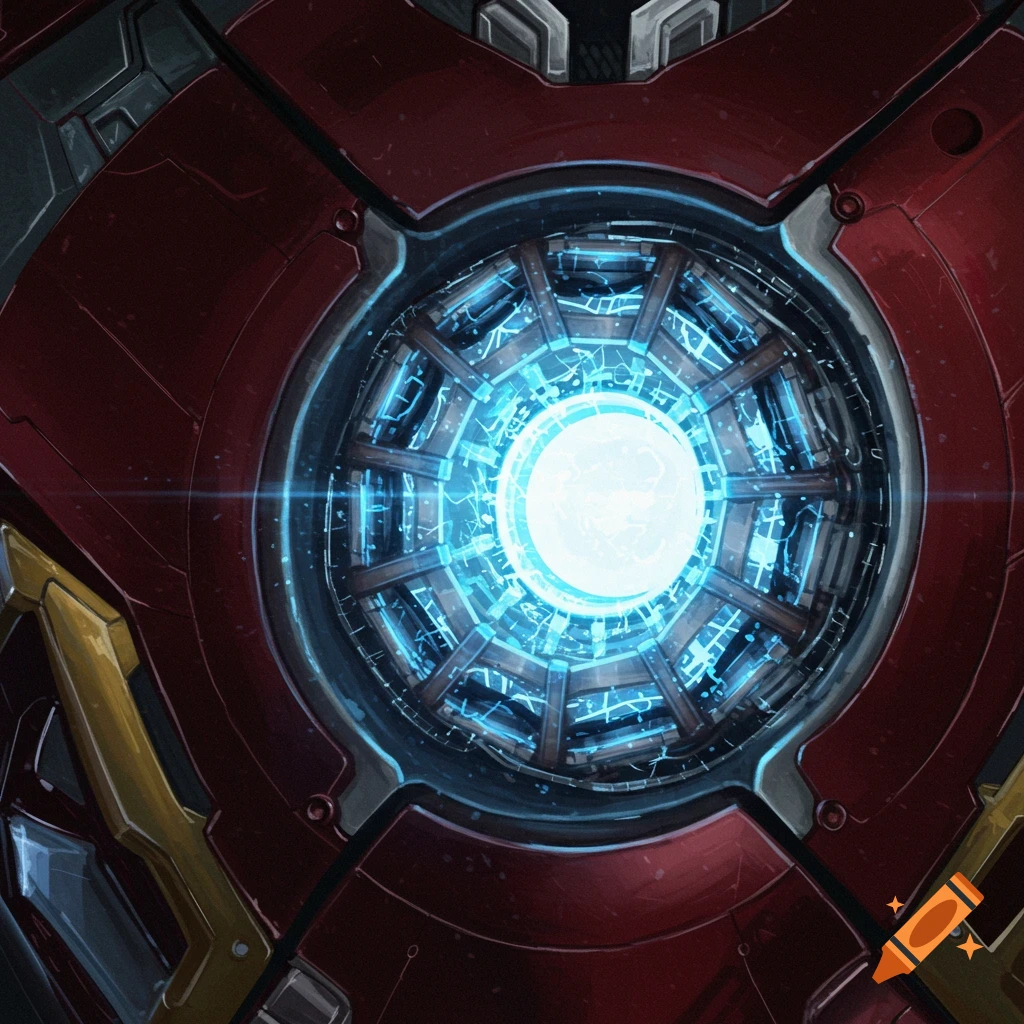 Close-up view of a glowing blue arc reactor set in red and gold metal.
