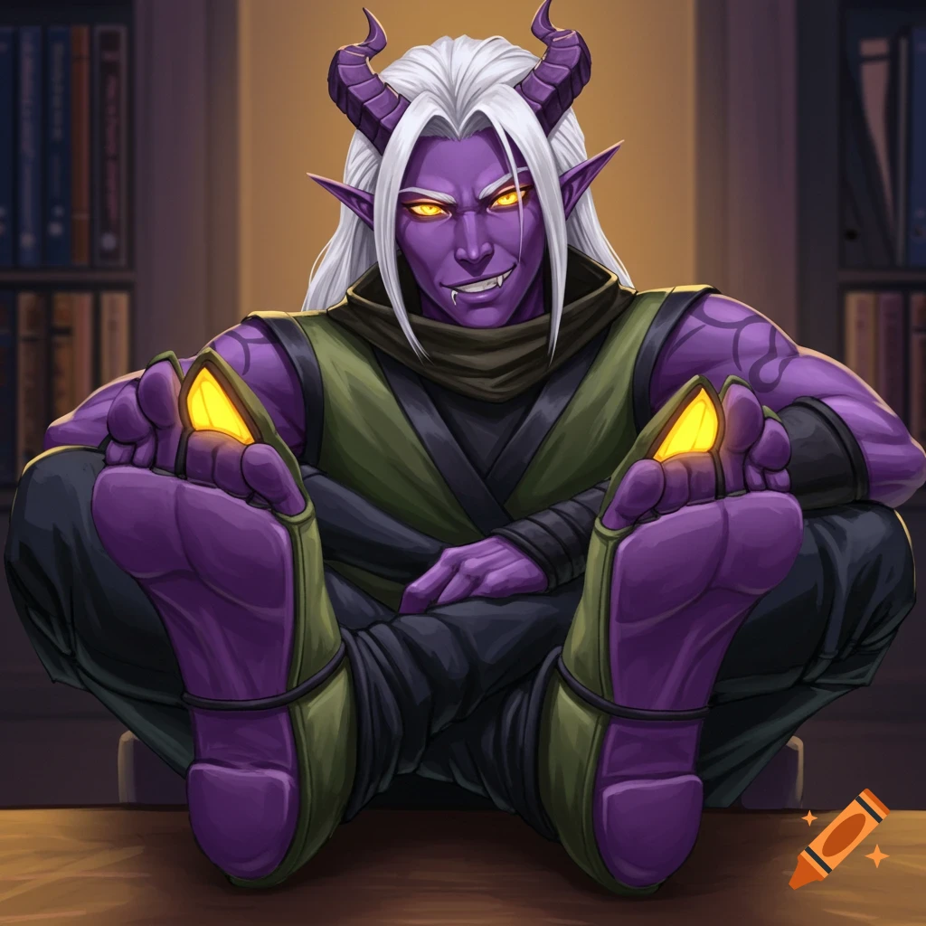 A purple-skinned male tiefling with white hair, horns, glowing eyes, sitting on a desk, smirking.