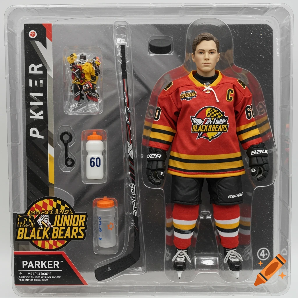 A realistic youth hockey action figure of a boy in red, black, and yellow uniform, displayed in clear plastic packaging with accessories.