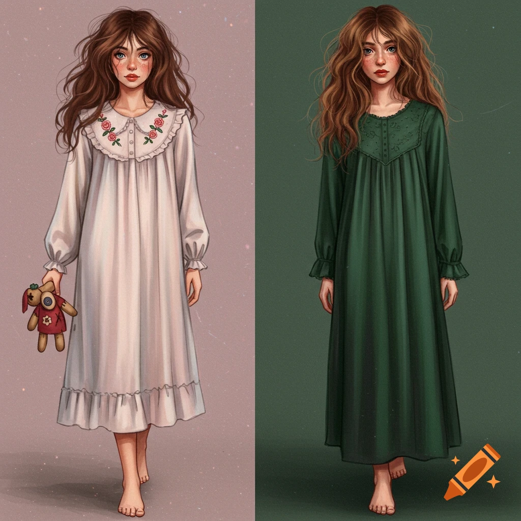 Stylized illustration of two figures in nightgowns, one white with embroidery and a doll, one green with lace.