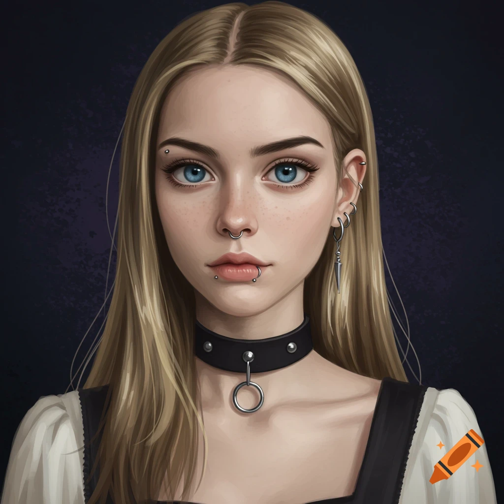 Digital art portrait of a young woman with blue eyes, blond hair, piercings, and a black choker.