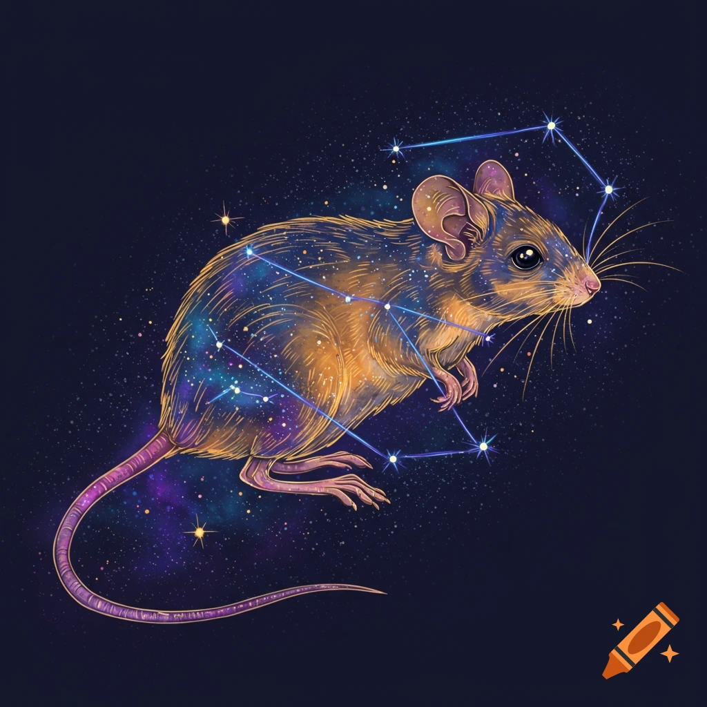 Illustration of a mouse with a constellation overlay in a starry space background.