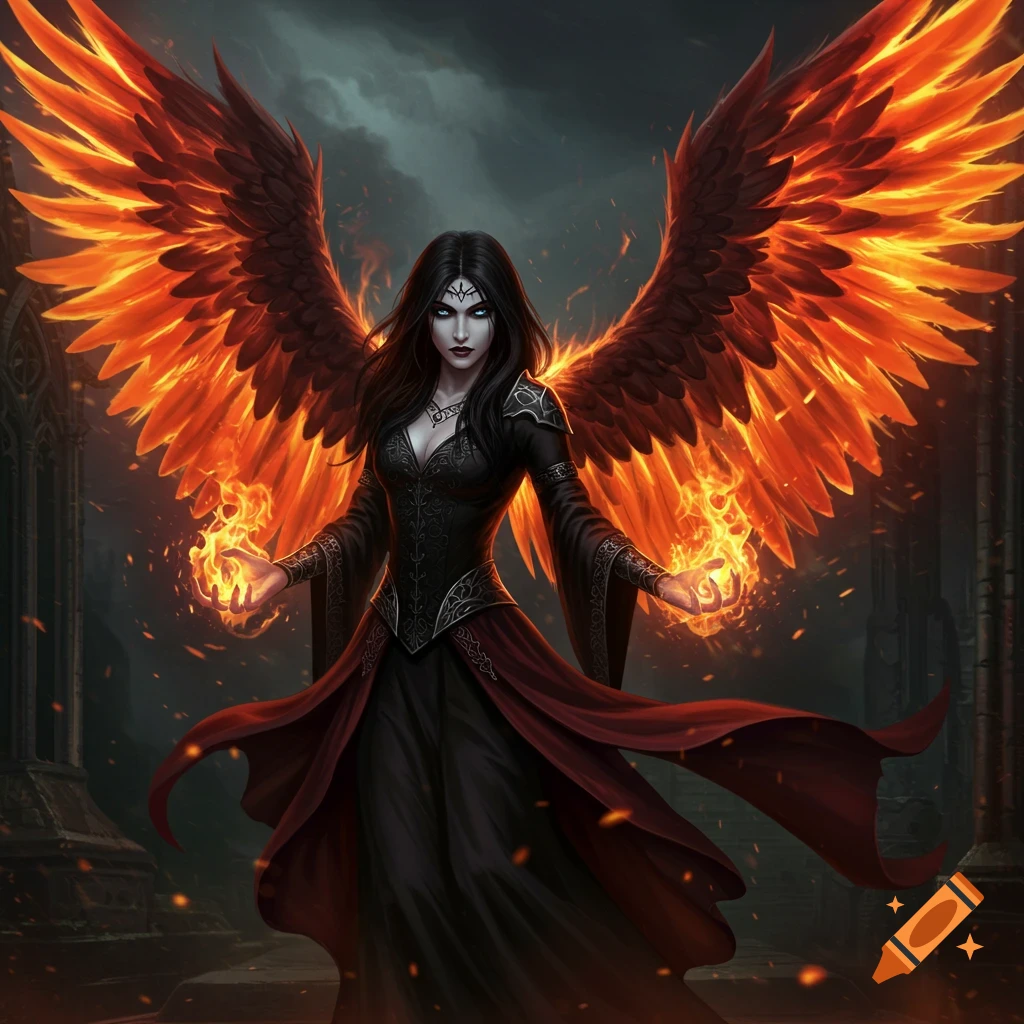 A dark-haired woman with large fiery wings stands in a Gothic setting.