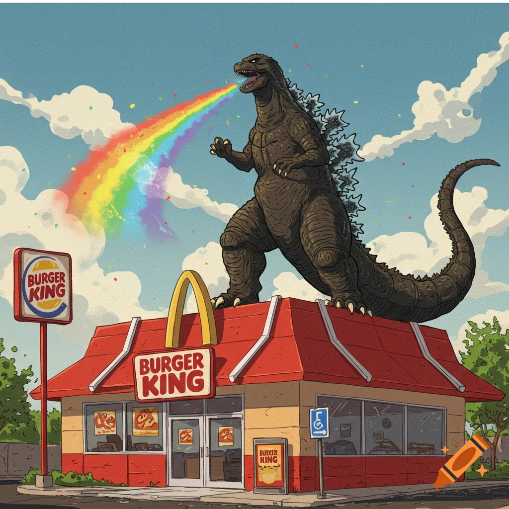 Image of Godzilla standing on a Burger King restaurant with a rainbow coming out of its mouth.