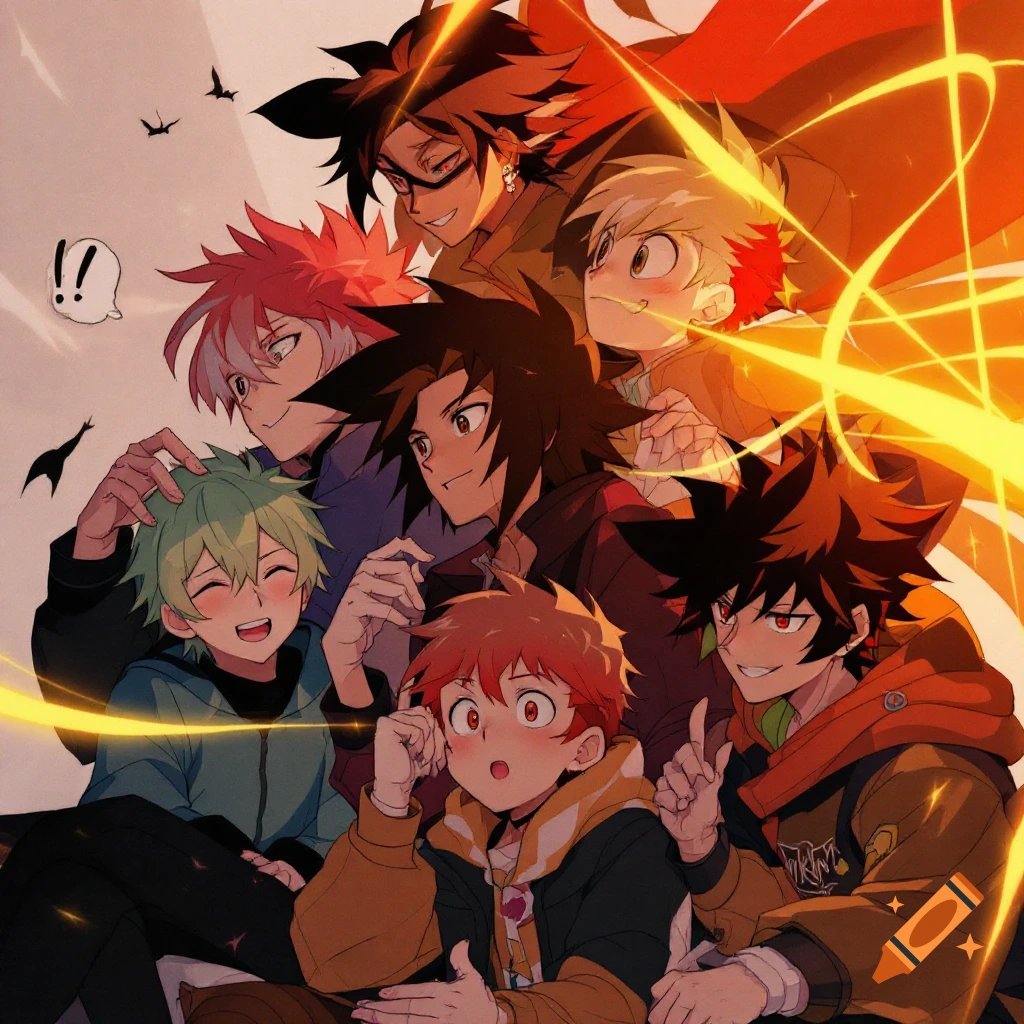 Anime illustration of a group of young men with spiky hair