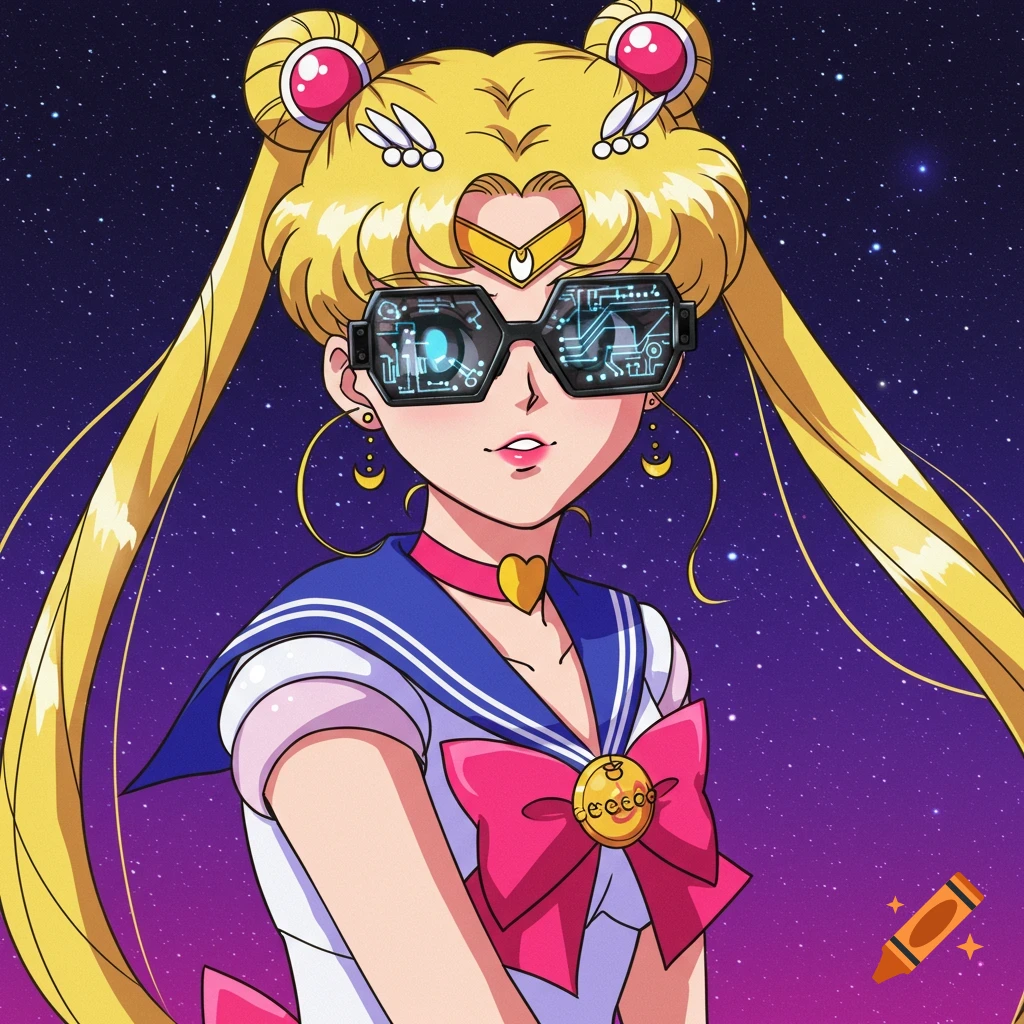 Anime art of a Sailor Moon character wearing futuristic technical glasses against a starry space background