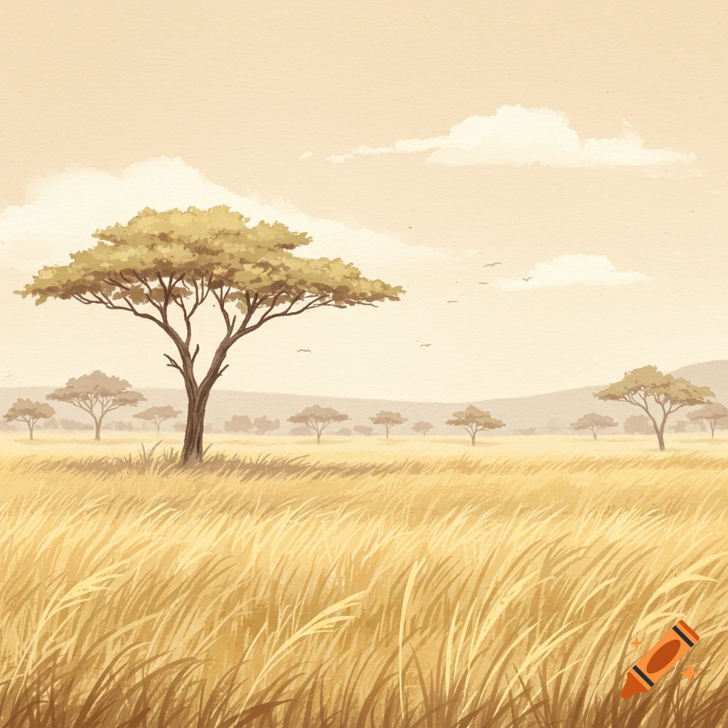 African savannah landscape with acacia trees and grass in a watercolor style.