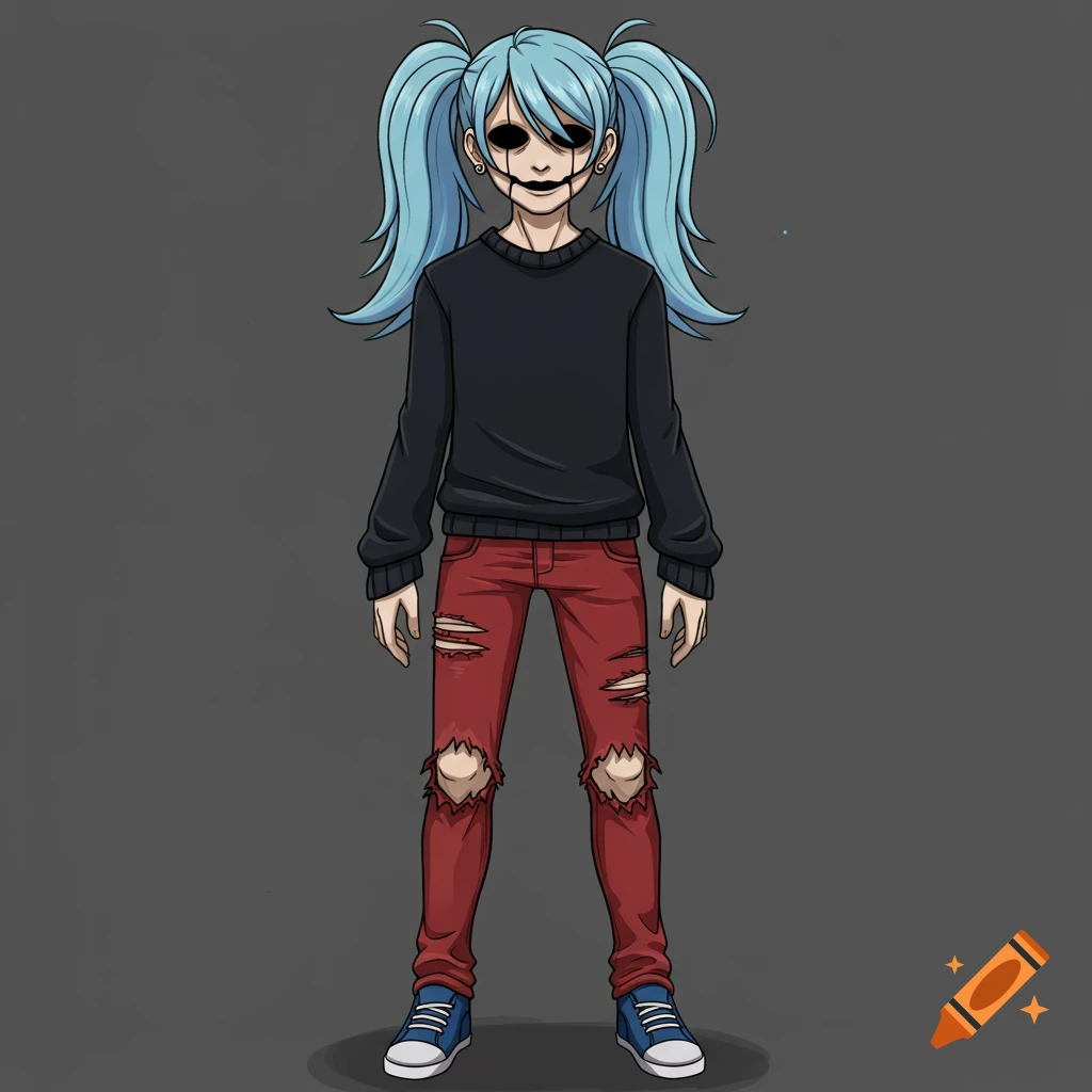 Cartoon illustration of a young person with blue pigtails and a prosthetic face, wearing a black sweater, ripped red jeans, and blue sneakers.