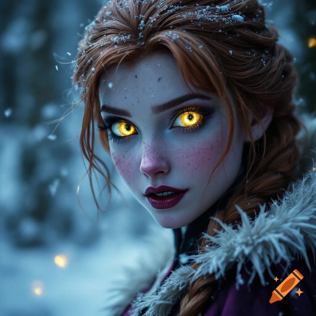Photo-realistic close-up of a woman with braided red hair and glowing yellow eyes in a snowy forest.