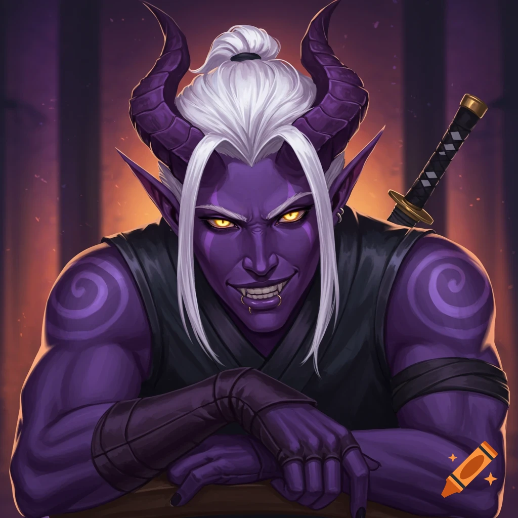 A male purple-skinned tiefling ninja with white hair and glowing yellow eyes, smirking.