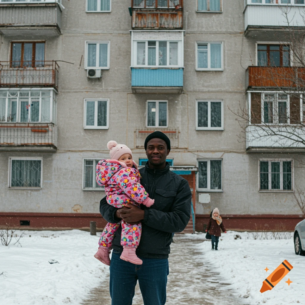 A Black man holds a young child outside a Soviet-era apartment building on a snowy day. A second child is in the background.