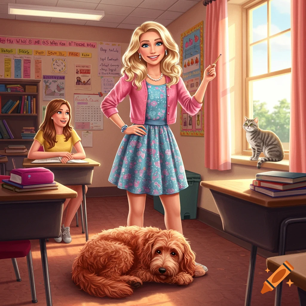 Illustration of a teacher in a classroom with a student, a dog on the floor, and a cat on the windowsill.