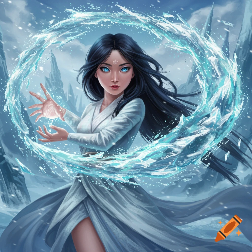 A woman with ice powers creating a ring of ice around her in a snowy mountain landscape.
