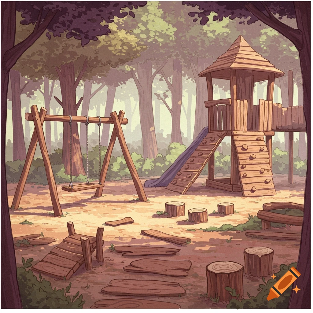 A wooden playground in a forest, in the style of a children's book illustration.