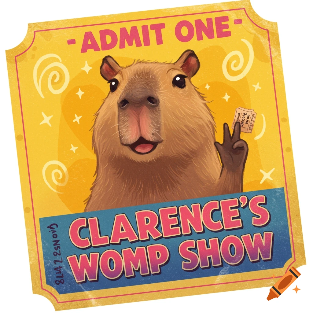 A capybara on a yellow concert ticket that says 'ADMIT ONE - CLARENCE'S WOMP SHOW'.