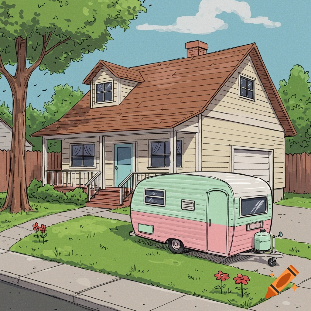 A cartoon sketch of a house with a pink and green camper trailer parked in the driveway.