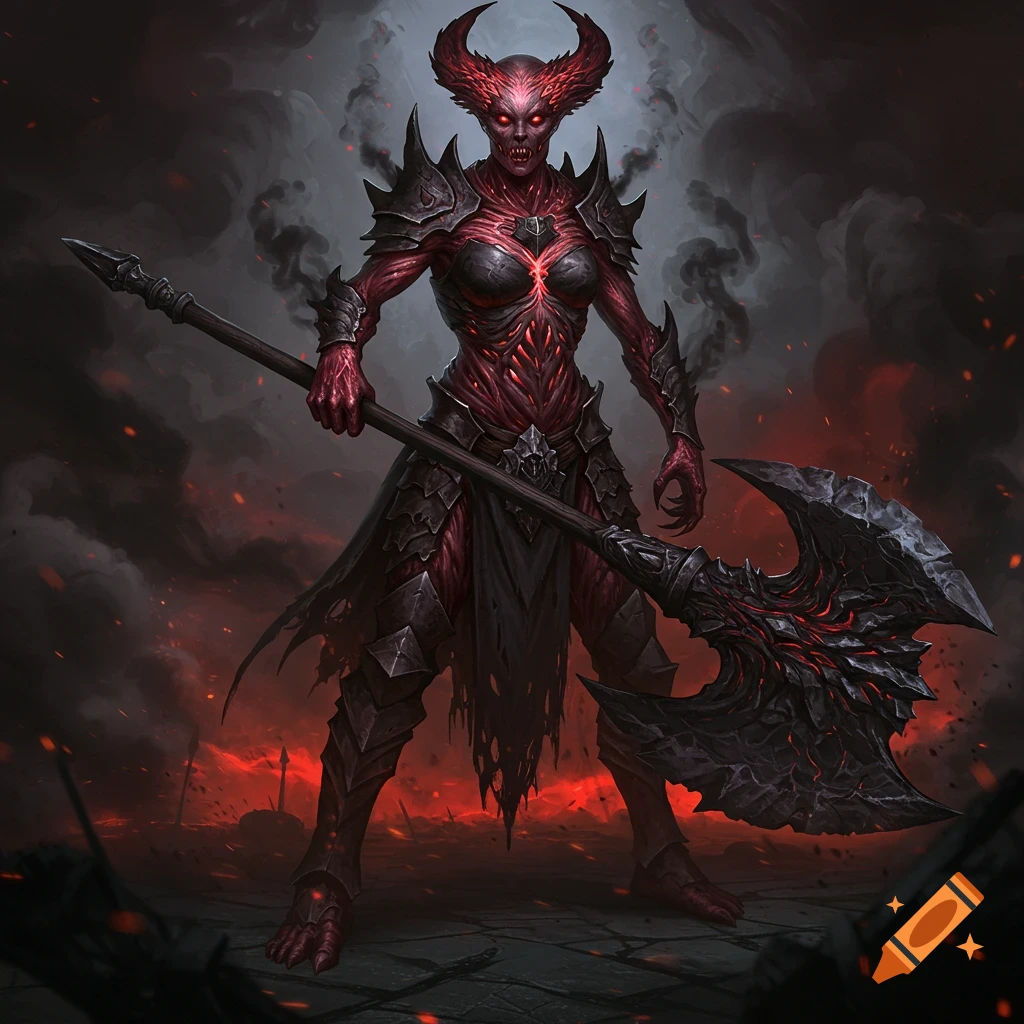 A fearsome horned demon in dark armor holds a large axe amidst smoke and fire.
