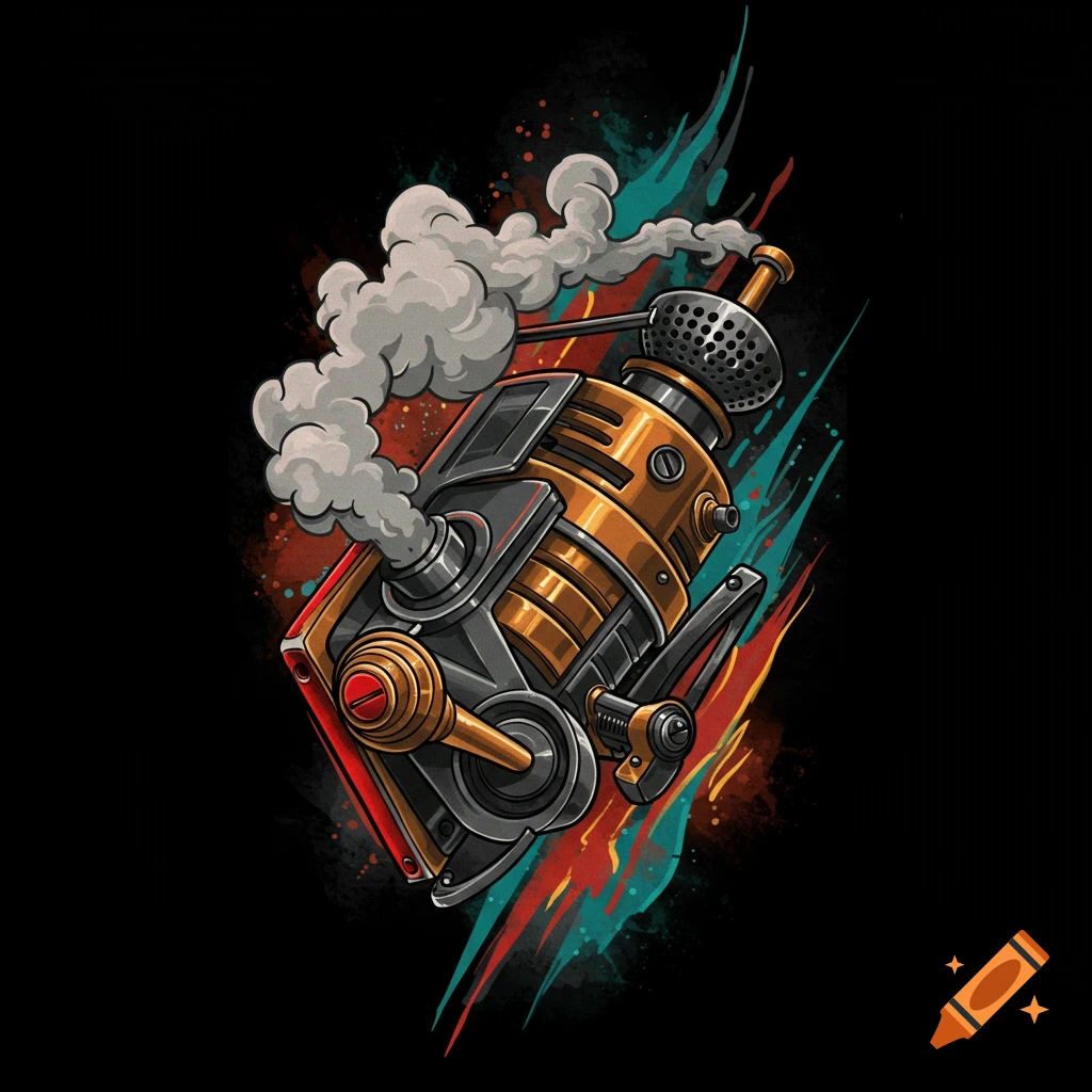 Stylized illustration of a smoking mechanical device with golden and dark metal parts against a dark background with colorful paint strokes.