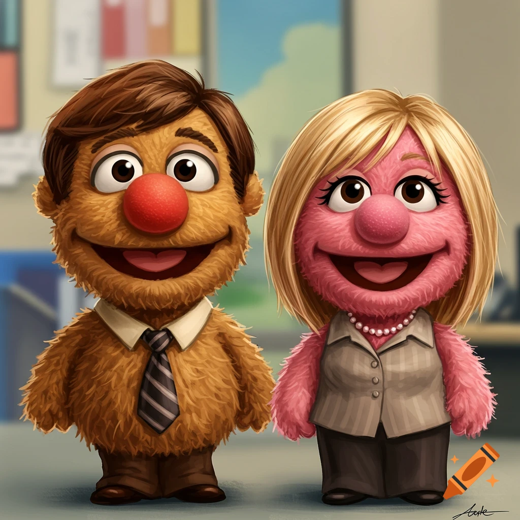 Two fuzzy, smiling Muppet-like characters in office attire