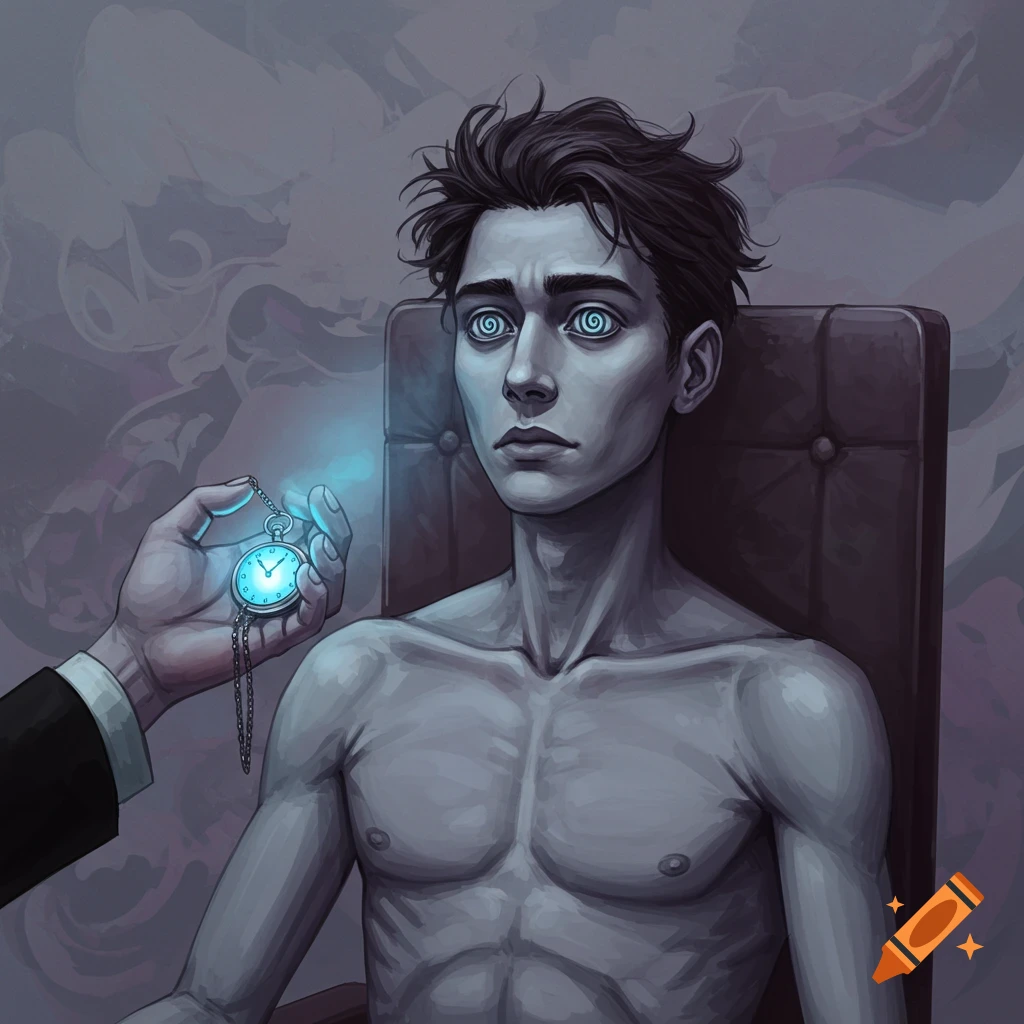 A man with spiral eyes is being hypnotized by a glowing pocket watch