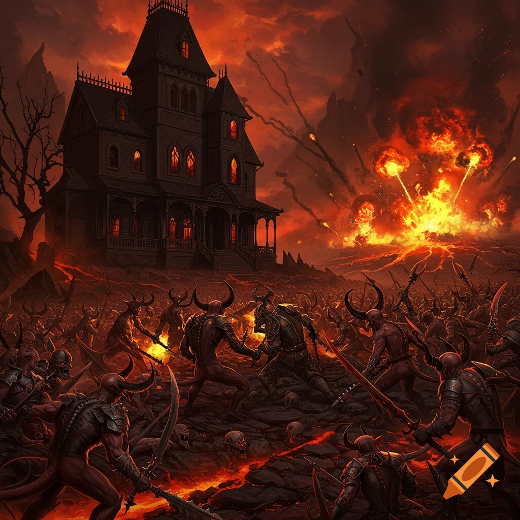 Massive battle between demons in a hellscape with a large gothic house and volcanic eruptions.