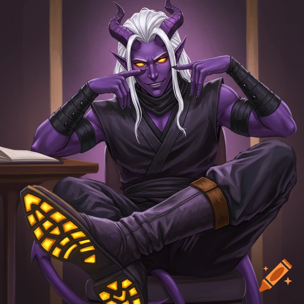 A purple-skinned male tiefling with white hair and yellow eyes, sitting cross-legged, smirking.