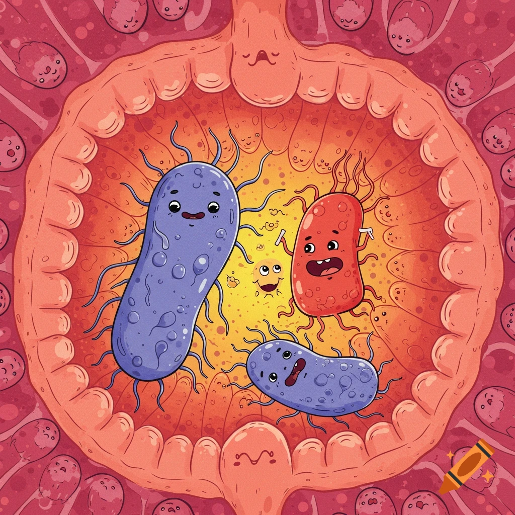 Cartoon bacteria with faces inside a body cavity illustration